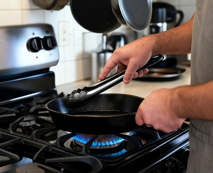 Infografía visual de los 5 pasos para cocinar en sartén de acero inoxidable sin que se pegue: precalentar, test gota de agua, añadir aceite, cocinar sin mover, resultado perfecto.