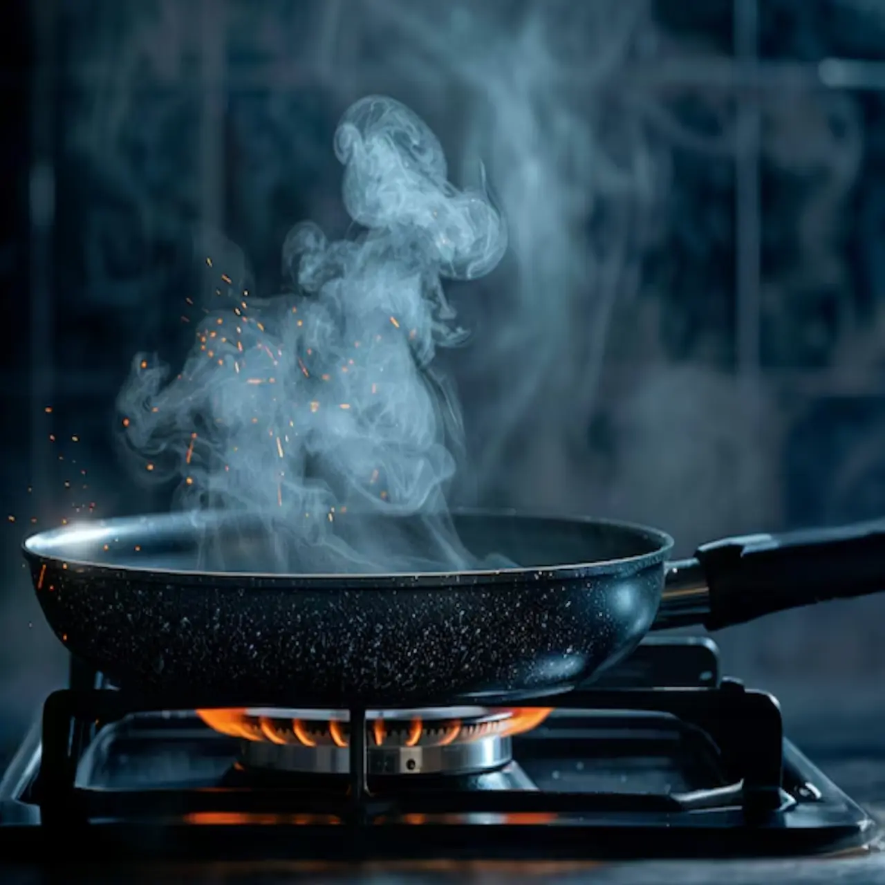 Sartén humeando sobre el fuego indicando degradación química