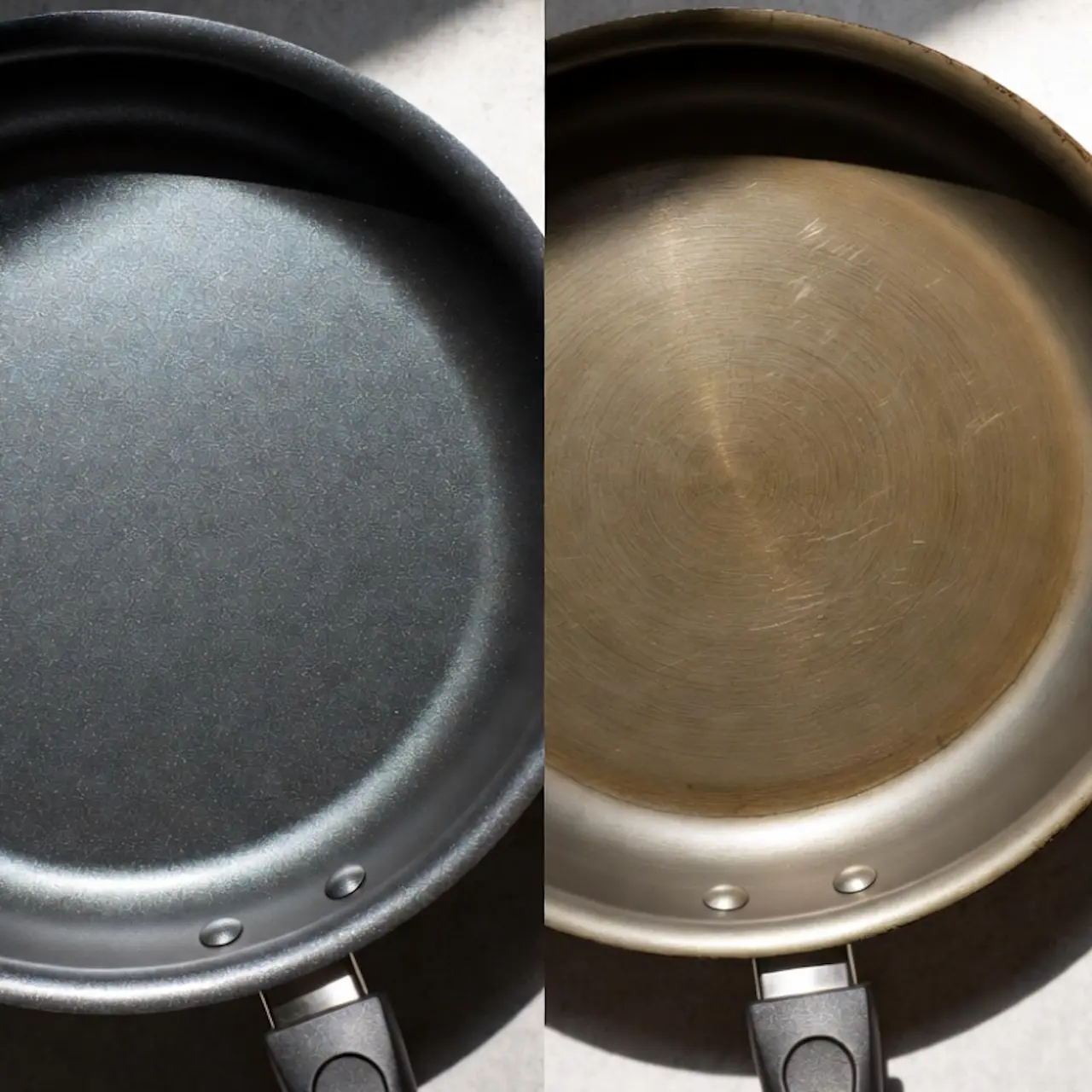 Comparativa visual de una sartén nueva frente a una con el antiadherente gastado.