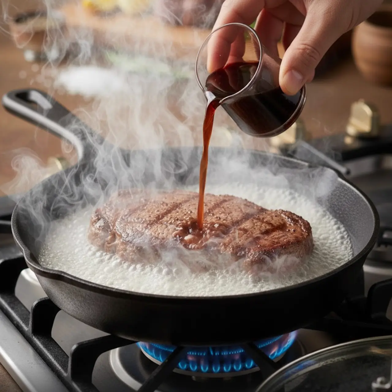 Añadiendo líquido a la sartén caliente para generar vapor bajo la tapa