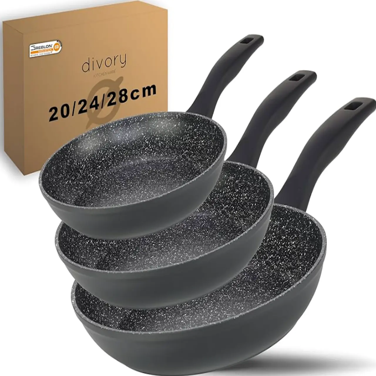 Comparativa de tamaños de sartenes: 20cm, 24cm y 28cm sobre encimera de cocina